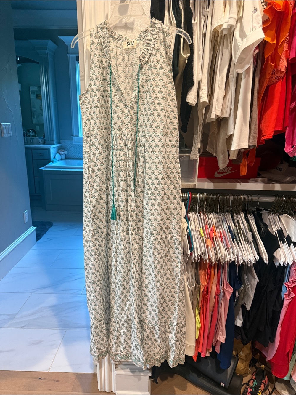 SLV White Maxi Dress with Teal Tassel and Green Print